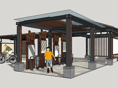 Outdoor Pergola Design With Metal Columns Glass Canopy Wooden Screens And Bicycle Parking Area 3d model