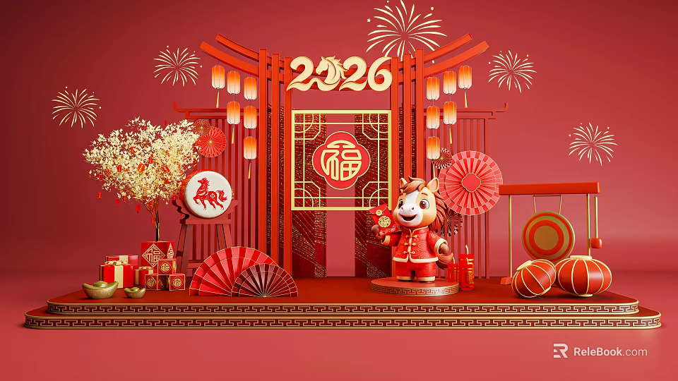 2026 Chinese New Year Photo Spot With Red Lanterns Fu Character And Dragon Decorations 3d model 
