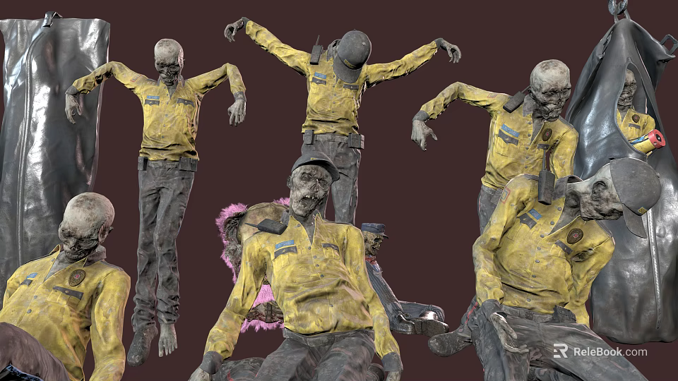 Multiple zombie like people wearing yellow shirts standing and lying in dark background 3d model 
