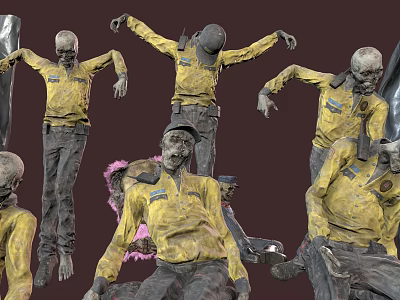 Multiple zombie like people wearing yellow shirts standing and lying in dark background 3d model