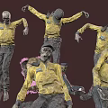 Multiple zombie like people wearing yellow shirts standing and lying in dark background