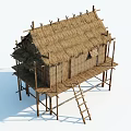 Various Angles Of Traditional Stilted Thatched House With Wooden Frames