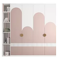 Modern Pastel Wardrobe Design With Pink White Curved Doors Storage Shelves And Golden Handles