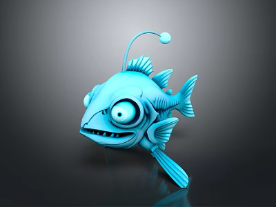 Blue Cartoon Fish with Big Eyes Sharp Teeth Fins and Lure 3d model