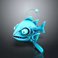 Blue Cartoon Fish with Big Eyes Sharp Teeth Fins and Lure