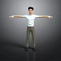 Man in white short shirt and khaki pants arms outstretched on gray background reflective floor
