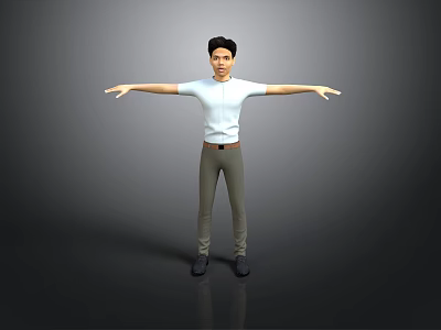 Man in white short shirt and khaki pants arms outstretched on gray background reflective floor 3d model
