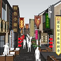 Traditional Chinese Commercial Street With Local Food Shops Red Lanterns And Pedestrians