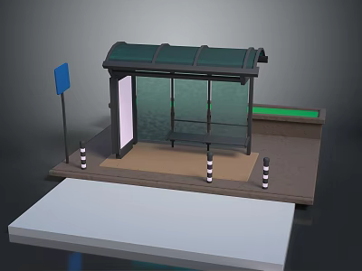 Modern Bus Shelter Structure With Green Roof Glass Panels Bench And Signboard 3d model