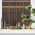 Zen Courtyard Garden With Wooden Lattice Wall Pine Tree Stones And Lantern