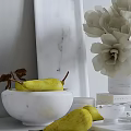 Elegant Decorative Ornament Set With White Flowers Marble Vase Yellow Pears White Bowl And Books