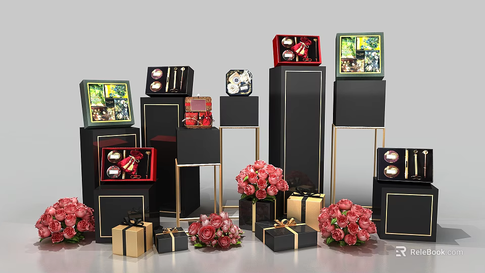 Elegant Commercial Display Stands with Black Gold Frames Various Gift Boxes and Pink Flower Bouquets 3d model 