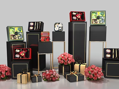 Elegant Commercial Display Stands with Black Gold Frames Various Gift Boxes and Pink Flower Bouquets 3d model