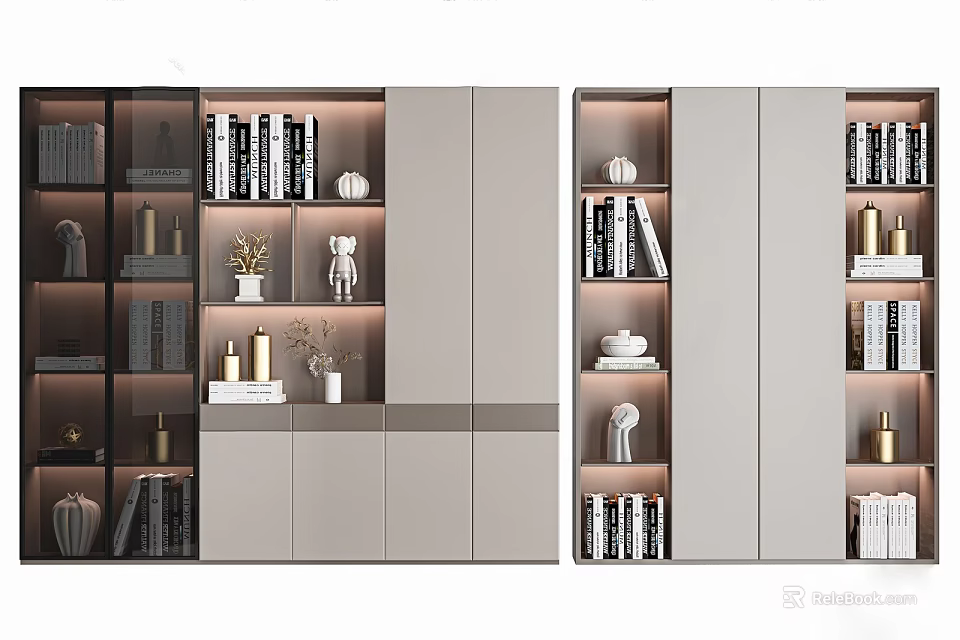 Contemporary Modern Bookcase Design With Open Shelves Glass Doors LED Lighting And Decorative Items 3d model 