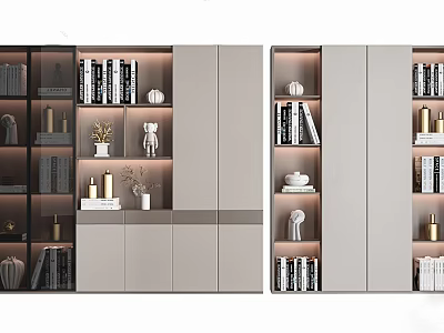 Contemporary Modern Bookcase Design With Open Shelves Glass Doors LED Lighting And Decorative Items 3d model