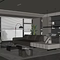 Modern Living Room Interior With Large Windows Blinds Dark Sofa Coffee Table And Green Plant