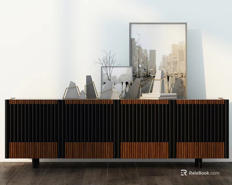 Modern Entryway Console Table Sideboard With Wooden Striped Design And Decorative Items 3d model 