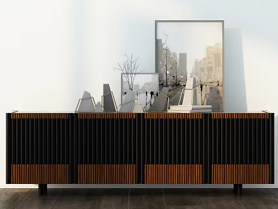 Modern Entryway Console Table Sideboard With Wooden Striped Design And Decorative Items 3d model