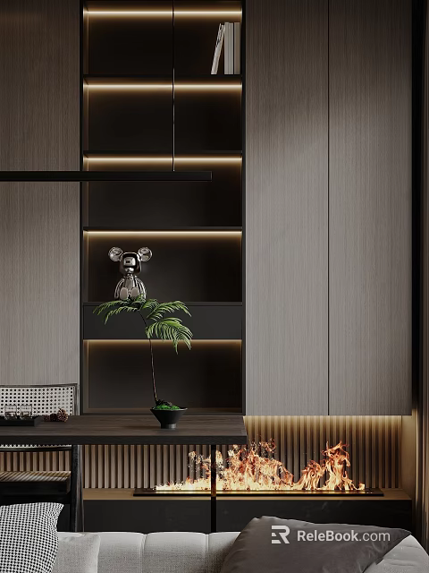 Modern Fireplace Design With Wooden Shelves Warm Lighting And Decorative Plant 3d model 