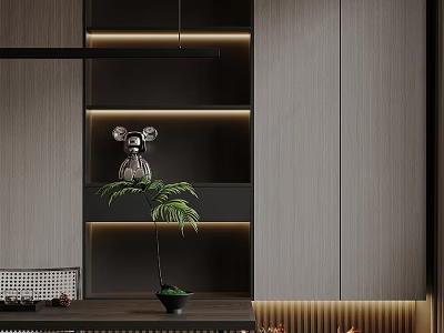 Modern Fireplace Design With Wooden Shelves Warm Lighting And Decorative Plant 3d model