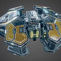 Sci Fi Mechanical Device With Metallic Structure Complex Modules And Glowing Yellow Blue Lights
