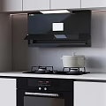 Modern Sleek Kitchen Appliances With Black Range Hood Gas Stove White Pot Countertop And Cabinets
