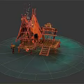 Wooden Hut With Orange Flame Like Roof Wooden Platform And Staircase On Blue Water