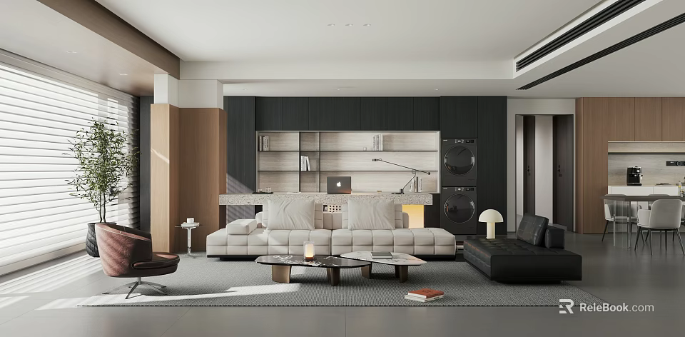 Modern Living Room Interior With Large Sofa Coffee Table And Bookshelf Area 3d model 