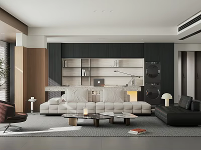 Modern Living Room Interior With Large Sofa Coffee Table And Bookshelf Area 3d model
