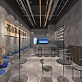 Modern Industrial Café Interior With Stainless Steel Counter Black Menu Board And Blue Seats
