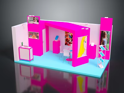 Modern Exhibition Booth Design With Pink Blue Decor Display Shelves Tables And Posters 3d model