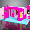 Modern Exhibition Booth Design With Pink Blue Decor Display Shelves Tables And Posters