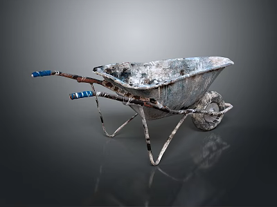 Worn Metal Wheelbarrow with Blue Handles Rustic Finish and Single Wheel Design 3d model