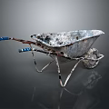 Worn Metal Wheelbarrow with Blue Handles Rustic Finish and Single Wheel Design