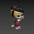 Cartoon Cat Game Character Waving Hand With Black Short Hair Red Top And Blue Shorts