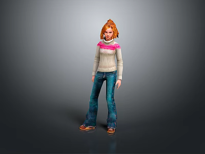 Red Haired Woman In Stylish Gray Sweater With Pink Collar And Blue Jeans 3d model