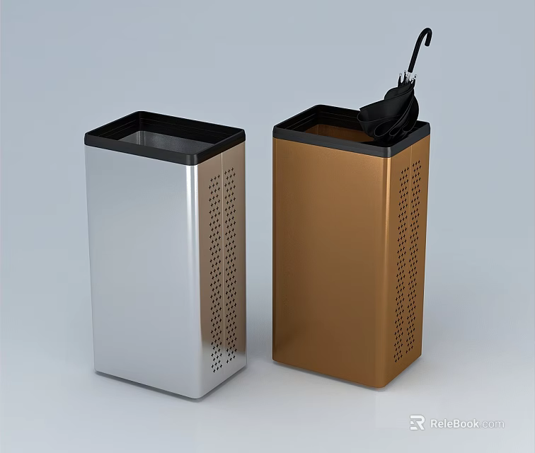 Sleek Modern Trash Bins In Silver And Gold With Black Umbrella 3d model 