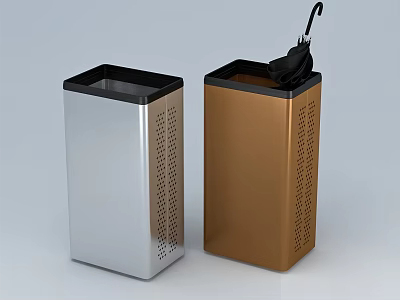 Sleek Modern Trash Bins In Silver And Gold With Black Umbrella 3d model