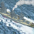 Large Battleship Sailing on Open Sea with Grey Hull Red Bottom Smoke and Waves