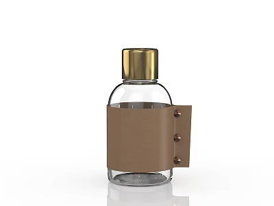 Transparent Ceramic Vessel With Golden Cap And Brown Leather Wrap Featuring Metal Rivets 3d model