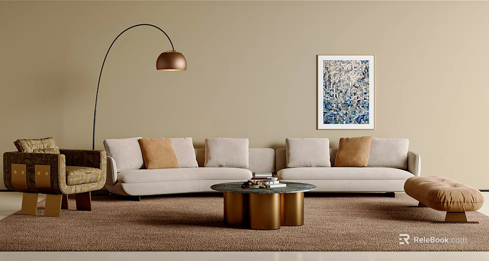 Modern Living Room Beige Sofa With Brown Cushions And Gold Base Round Coffee Table 3d model 