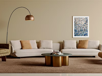 Modern Living Room Beige Sofa With Brown Cushions And Gold Base Round Coffee Table 3d model