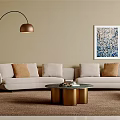 Modern Living Room Beige Sofa With Brown Cushions And Gold Base Round Coffee Table