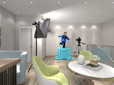 Shopping Mall Store Interior with Photography Equipment Model Display and Green Chairs 3d model