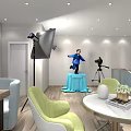 Shopping Mall Store Interior with Photography Equipment Model Display and Green Chairs
