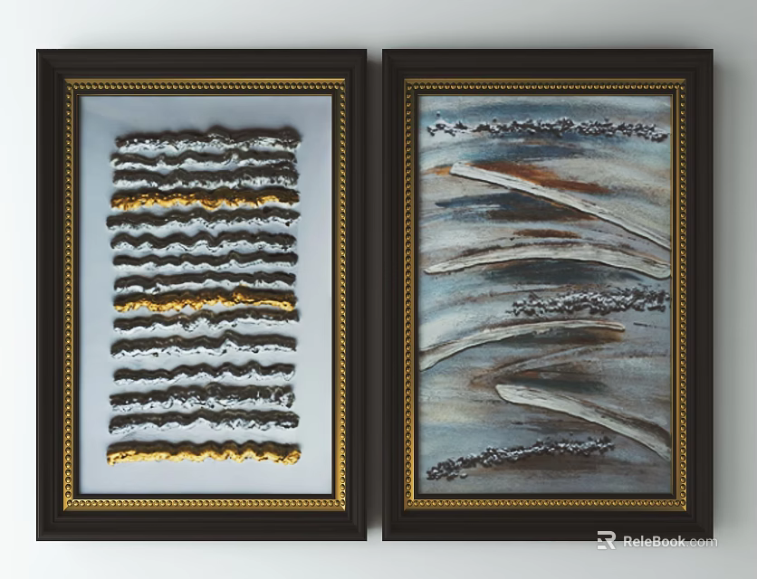 Modern Abstract Framed Paintings With Gold Black Gray And Orange Patterns 3d model