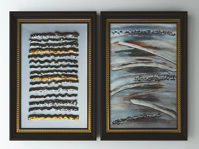 Modern Abstract Framed Paintings With Gold Black Gray And Orange Patterns 3d model