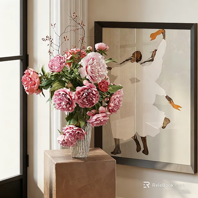 Pink Peonies in Glass Vase on Square Pedestal with Decorative Painting and Natural Light 3d model 