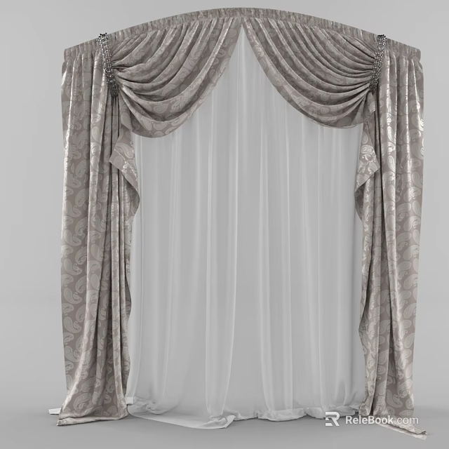 Patterned Silver Gray Curtain With Pleated Design And Sheer Inner Layer 3d model