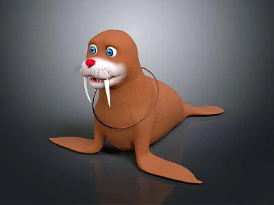 Cartoon Brown Walrus With Blue Eyes Red Nose And White Tusks 3D Model 3d model